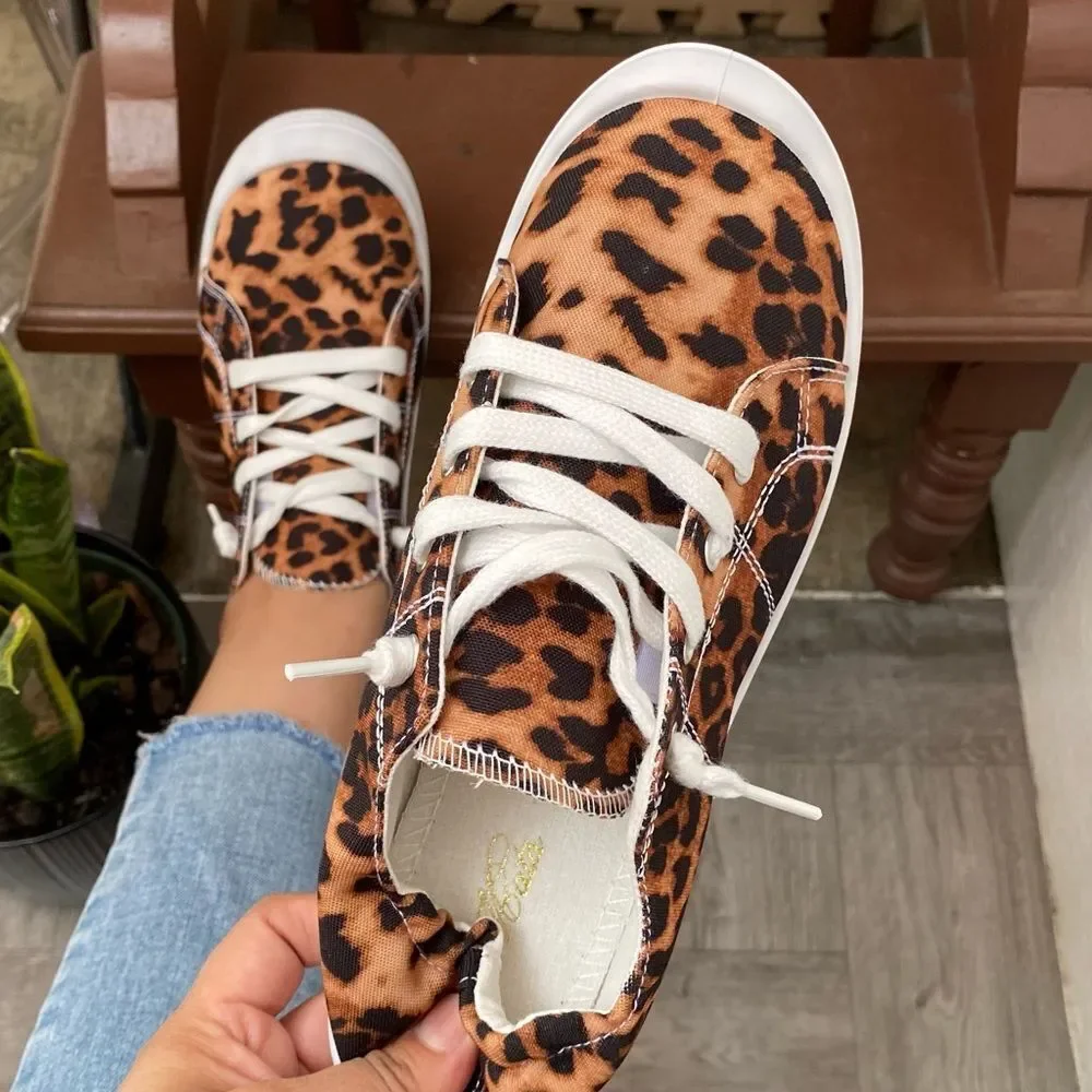 Leopard Flat Lace Sneakers Tennis - Picture 2 of 6